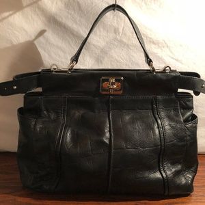 b.  makowsky BLACK LEATHER TURNLOCK TOTE / SATCHEL